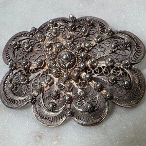 Antique 800 Silver Domed Brooch Genova Italy Filigree Etruscan Revival Scroll